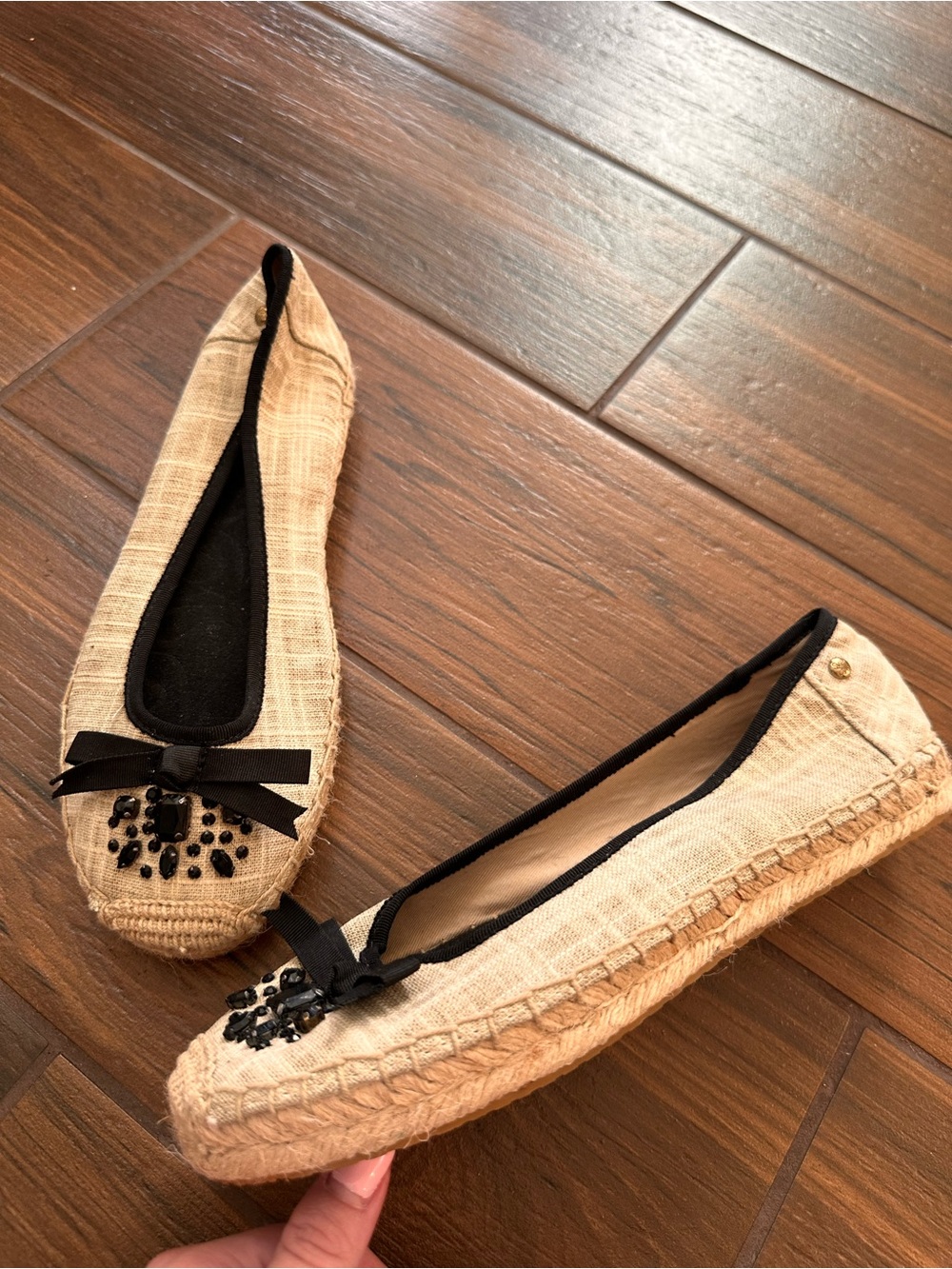 Simply Vera Vera Wang Natural Espadrille Flats with Black Trim & Beaded Toe